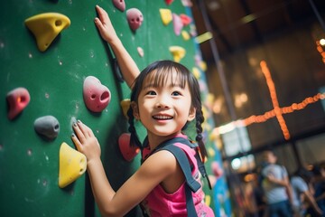 Asian child girl sports exercises climbing on climbing wall - obrazy, fototapety, plakaty