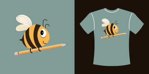 T-shirt design with cute bee. Drawing of a cartoon bee on a t-shirt. Print for clothes. Illustration, vector