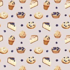 Watercolor seamless pattern dessert muffin, cupcake, tart, bun, cheesecake with blueberry. Hand-drawn illustration on grey background. Perfect food menu, design packing, bakery shop, cooking