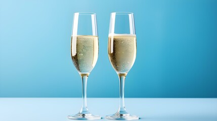 Two isolated Champagne Glasses in front of an light blue Background. Festive Template for Holidays and Celebrations