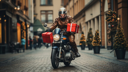 Fototapeta na wymiar Handsome motorcyclist in leather jacket and helmet with gift boxes on his scooter. generativa IA