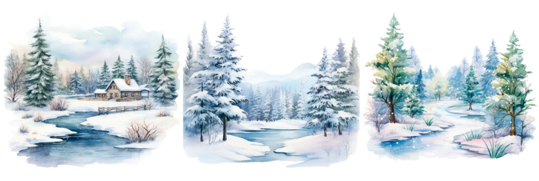 Set of watercolor winter landscape, river, forest,  isolated on transparent background