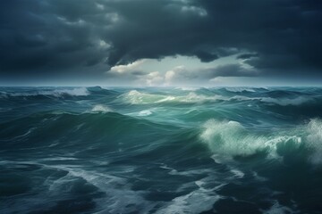 Dramatic ocean with turbulent waves under dark, cloudy sky. Captivating 3D artwork. Generative AI