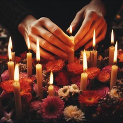 Close-up of hands lighting candles between flowers on graves, representing the act of remembrance. Generative Ai.