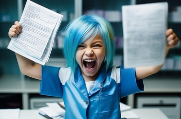 A girl in a blue shirt joyfully shouts with her mouth wide open, celebrating a good schoolwork result. Her expression suggests excitement and perhaps some overwhelm from the amount of homework - obrazy, fototapety, plakaty