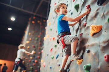 caucasian child boy sports exercises climbing on climbing wall - obrazy, fototapety, plakaty