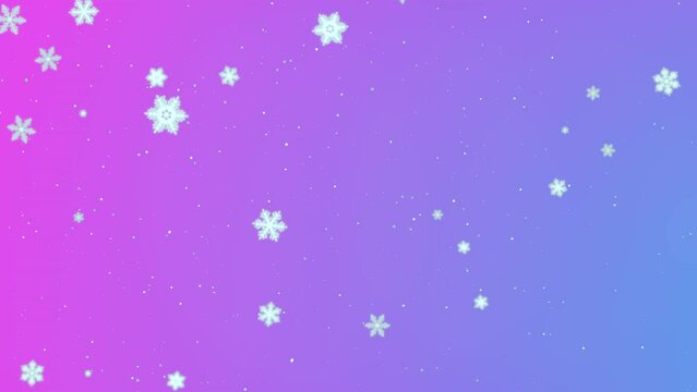 A dreamy purple and pink background sets the tone for this image of white snowflakes gently falling, creating a serene winter wonderland ambiance