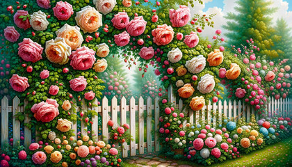 A charming garden fence, where roses climb and weave, their blossoms creating a fragrant and colorful border - obrazy, fototapety, plakaty