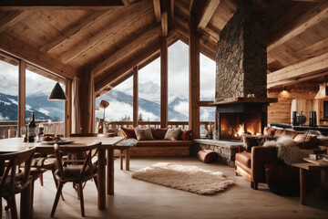 Alpine ski resort chalet interior with wooden beams, a roaring fireplace, and mountain views. - obrazy, fototapety, plakaty