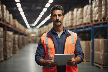 looking warehouse worker holding a tablet in his hand. ai generative