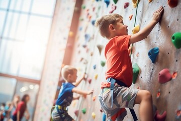 caucasian child boy sports exercises climbing on climbing wall