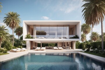 Fototapeta premium Exterior of modern minimalist cubic villa with swimming pool. ai generative