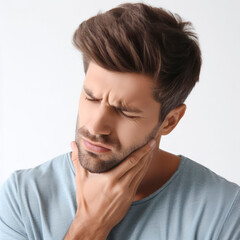 Man suffering from toothache holding his chin with his hand on white background. ai generative