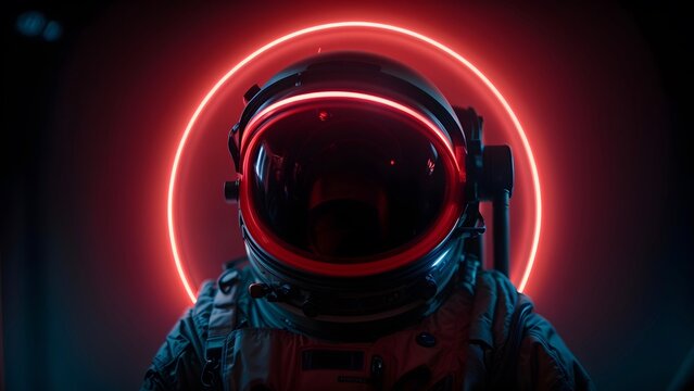 Spaceman or astronaut with circular ring shaped neon light. AI generative