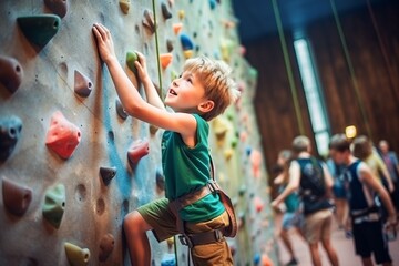 caucasian child boy sports exercises climbing on climbing wall - Powered by Adobe