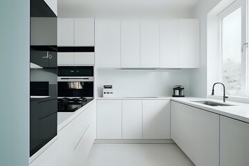 Fototapeta na wymiar Minimalist kitchen with a touch of fresh color. 3d rendering