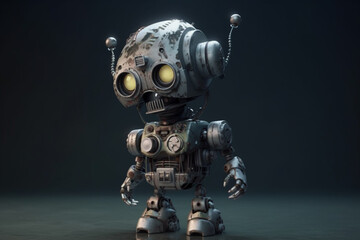 3D rendering of a little robot on a dark background with lights - obrazy, fototapety, plakaty