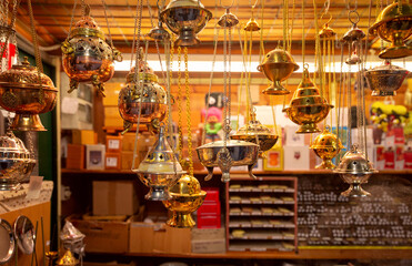 Christmas toys and gifts on the market counter.