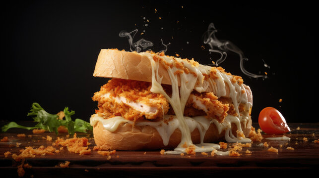 Sandwich with chicken fillet and parmesan cheese and sauce