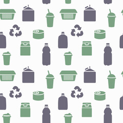 Recycling concept seamless pattern with food and drink packaging silhouette icons in green and purple colors. Sustainable lifestyle, save planet. Reduce, refuse, recycle. Vector illustration