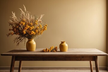 Wooden table with vase with bouquet. ai generative
