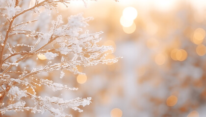Naklejka premium Festive Bokeh Delight: Red and Gold Ornaments on a Snowy Pine Tree