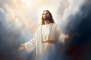 Resurrected Jesus Christ ascending to heaven. AI generative - obrazy, fototapety, plakaty