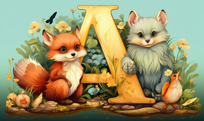 Letter A of the alphabet with cute animals.