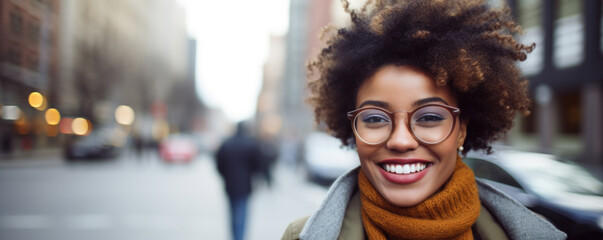 Portrait of happy young woman wearing glasses outdoors - obrazy, fototapety, plakaty