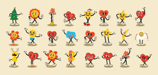 Groovy hippie love sticker character. Comic happy hearts, sun, stars, cloud character in trendy retro 60s 70s cartoon style. Vintage isolated vector illustration.