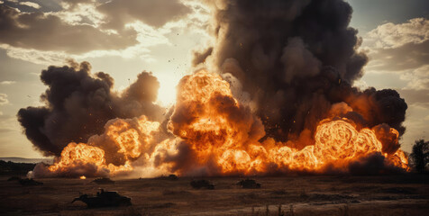 Tests of modern weapons, explosions on the battlefield - obrazy, fototapety, plakaty