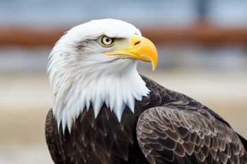 A majestic high-key portrait of a bald eagle against a clean white background. The eagle's intense gaze and sharp beak symbolize freedom and powe