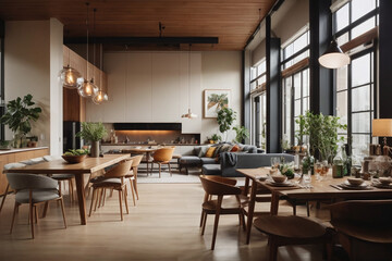 Interior of a contemporary open-concept loft with a seamless blend of living, dining, and workspaces.