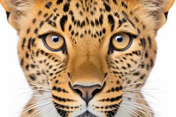 A striking high-key portrait of a fierce leopard against a clean white background. The leopard's piercing eyes and sleek fur create a sense of mystery and eleganc