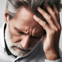 Fototapeta premium An adult man experiencing a migraine headache isolated on a white background. ai generative