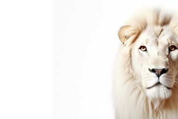 A stunning high-key portrait of a regal lion against a clean white background. The lion's mane flows magnificently, and its piercing eyes exude confidence and powe
