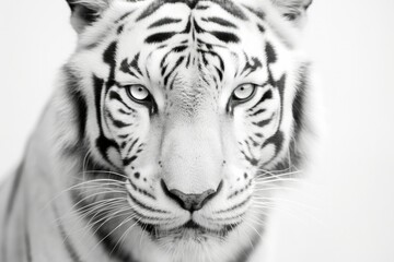 A regal high-key portrait of a tiger with piercing eyes against a bright white backdrop. The tiger's commanding presence and exquisite details showcase the awe-inspiring beauty and power of this magni