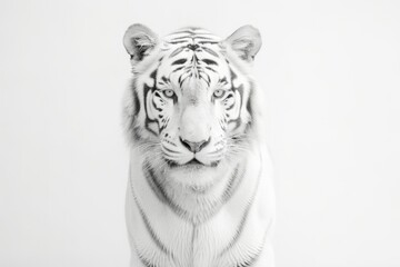 Fototapeta premium A captivating high-key portrait of a powerful tiger against a soft white backdrop. The tiger's intense gaze and sleek stripes create a sense of strength and beauty, making it an awe-inspiring subjec