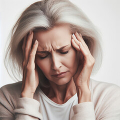 An adult woman experiencing a migraine headache isolated on a white background. ai generative