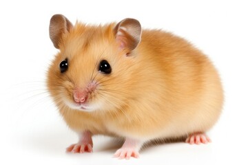 An endearing high-key portrait of a playful hamster against a soft white backdrop. The hamster's tiny paws and curious expression capture the essence of its small but spirited natur