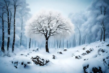 trees fully covered with deep snow comming of winter 