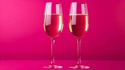 Two isolated Champagne Glasses in front of an magenta Background. Festive Template for Holidays and Celebrations