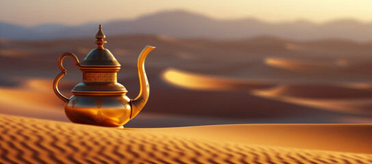 Oriental gold teapot lying on the sand in the desert dunes - obrazy, fototapety, plakaty