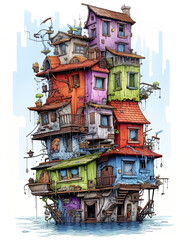 Fototapeta premium Ruins, funny old house illustration