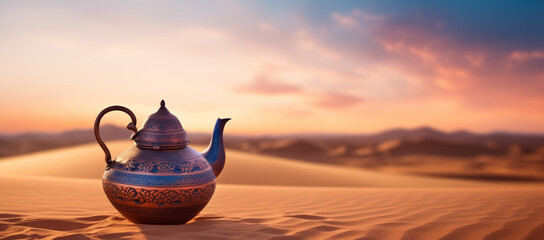 Oriental teapot lying on the sand in the desert dunes at sunset - obrazy, fototapety, plakaty