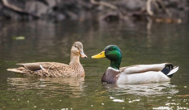Nature shot of two mallard male and female ducks floating in a body of water
