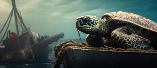 Choking turtle caught as bycatch on fishing trawler s deck - obrazy, fototapety, plakaty