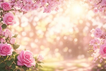 Spring border or background art with pink roses. ai generative