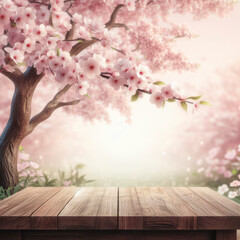 empty wooden table with cherry tree cherry blossoms background. ai generative