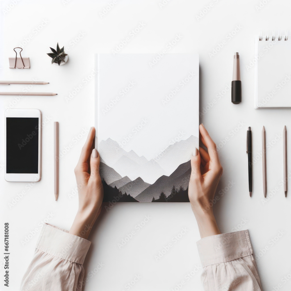 Poster hands of a woman with a notebook mock up minimalism on white background. ai generative